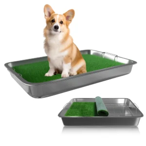 Stainless Steel Dog Grass Pee Tray with Washable Turf and Guard Rails